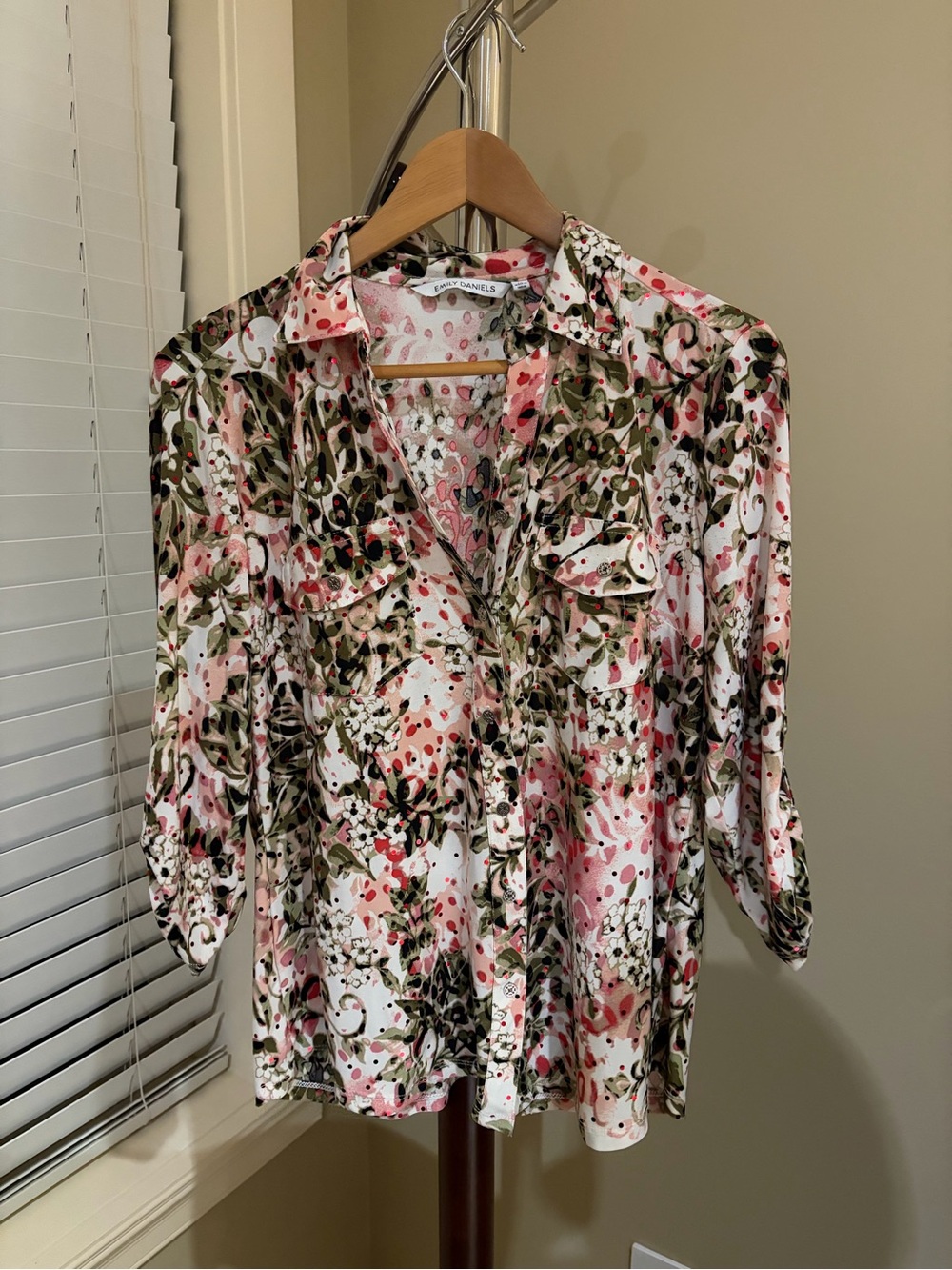 Floral Button-Front Blouse in Pink and Olive - Soft Collared Shirt